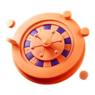 Ícono tridimensional de una rueda de ruleta vista en perspectiva, modelada en naranja y violeta sin número legible.