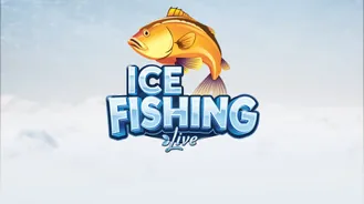 Carátula del título Ice Fishing Live: un pez saltando sobre un lago helado y el nombre del juego en primer plano.