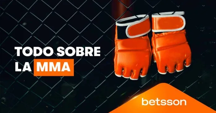 Cabecera rotulada Todo sobre la MMA, con un par de guantes de artes marciales ante la reja de un octágono.