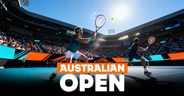 Cabecera del blog sobre el Australian Open, con una pista de tenis iluminada y las gradas llenas al fondo.