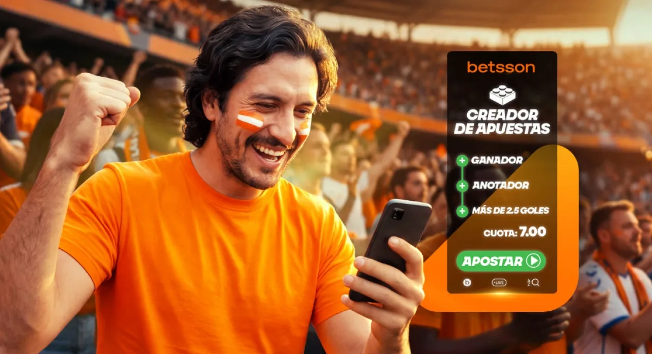 Banner de Betsson Perú promocionando la función Creador de Apuestas con gráficos de fútbol.