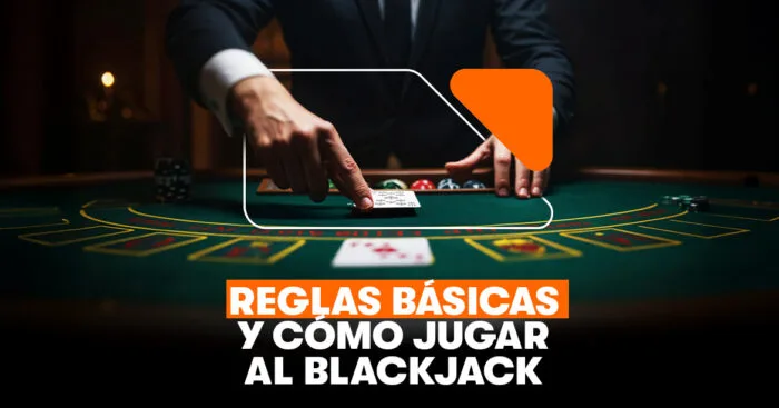 Cabecera con las reglas básicas del blackjack y un crupier de traje repartiendo en la mesa.